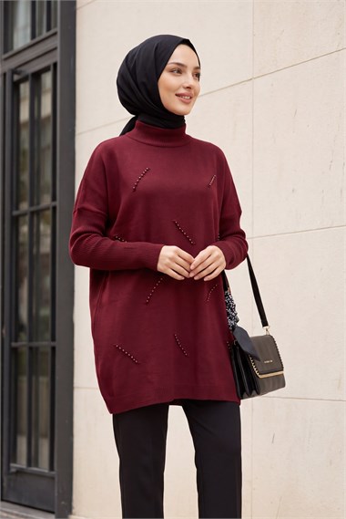 Yarım Boğazlı Sıralı İncili Salaş Triko Tunik -Bordo