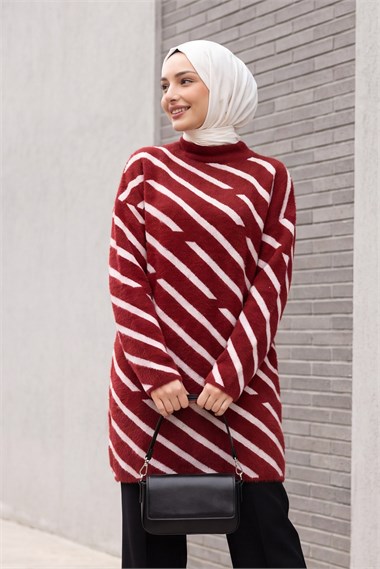 Yarım Boğazlı Yan Çizgi Desenli Sakallı Triko Tunik -Bordo