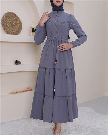 Yarım Düğmeli Parçalı Bağcıklı Elbise -Gri