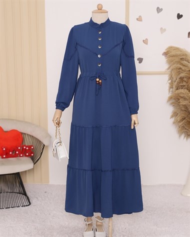 Yarım Düğmeli Parçalı Bağcıklı Elbise -K. Mavi