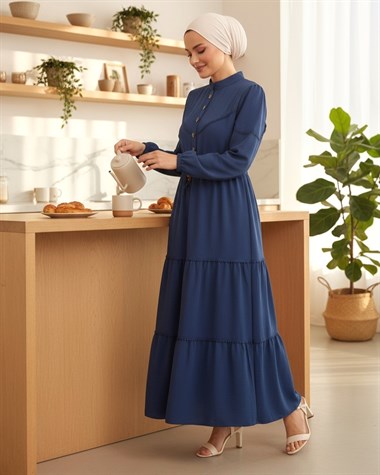 Yarım Düğmeli Parçalı Bağcıklı Elbise -K. Mavi