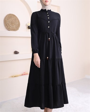 Yarım Düğmeli Parçalı Bağcıklı Elbise -Siyah