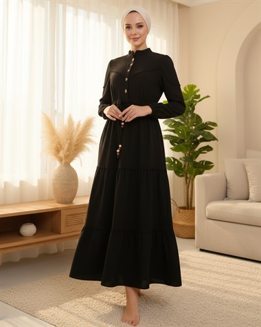 Yarım Düğmeli Parçalı Bağcıklı Elbise -Siyah