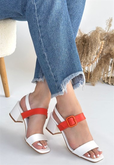 Year Cilt Turuncu Detaylı Topuklu Ayakkabı -Beyaz