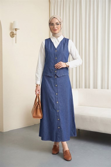 Yelek Etek Düğmeli Kot Takım -İndigo