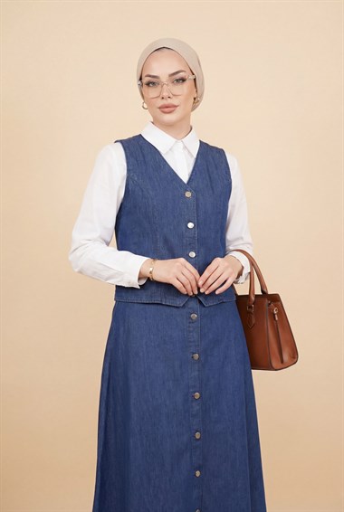 Yelek Etek Düğmeli Kot Takım -İndigo