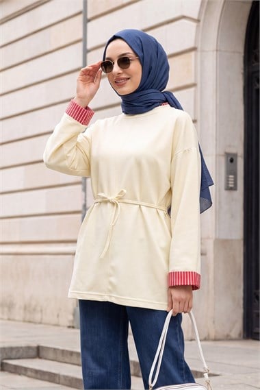 Yırtmaçlı Bisiklet Yaka Beli Bağlamalı Penye Sweat -Sarı