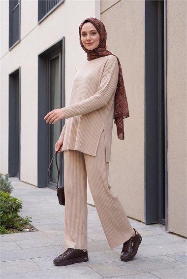 Yırtmaçlı Bisiklet Yaka Pantolonlu Selanik Takım  -Taş rengi