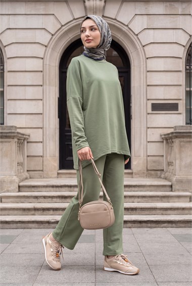 Womens Round-Neck Longer Back Pants Pocket Oversized Stretch Jersey Set - Almond Green