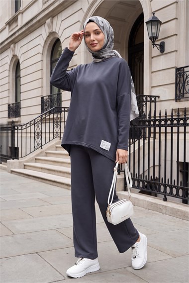 Womens Round-Neck Longer Back Pants Pocket Oversized Stretch Jersey Set - Charcoal