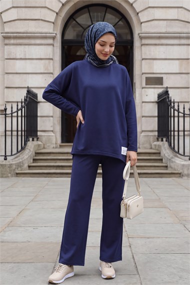 Womens Round-Neck Longer Back Pants Pocket Oversized Stretch Jersey Set - Navy