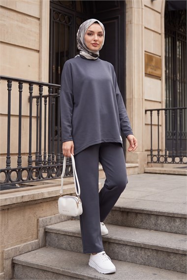 Womens Round-Neck Longer Back Pants Pocket Oversized Stretch Jersey Set - Charcoal