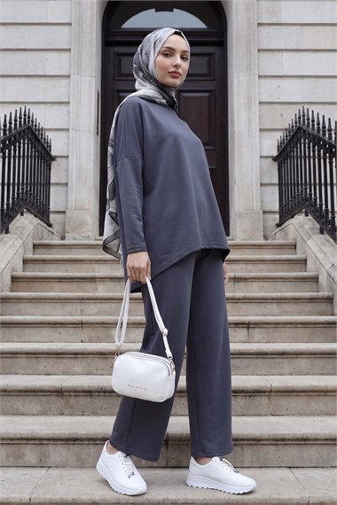 Womens Round-Neck Longer Back Pants Pocket Oversized Stretch Jersey Set - Charcoal