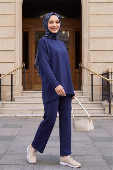 Womens Round-Neck Longer Back Pants Pocket Oversized Stretch Jersey Set - Navy
