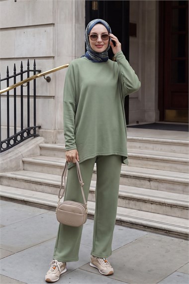 Womens Round-Neck Longer Back Pants Pocket Oversized Stretch Jersey Set - Almond Green