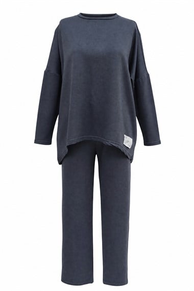 Womens Round-Neck Longer Back Pants Pocket Oversized Stretch Jersey Set - Charcoal