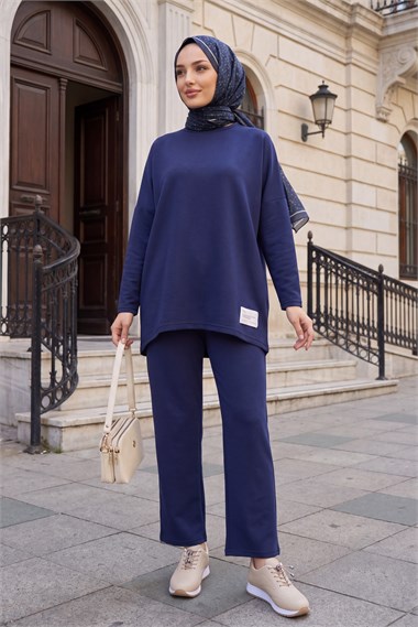 Womens Round-Neck Longer Back Pants Pocket Oversized Stretch Jersey Set - Navy