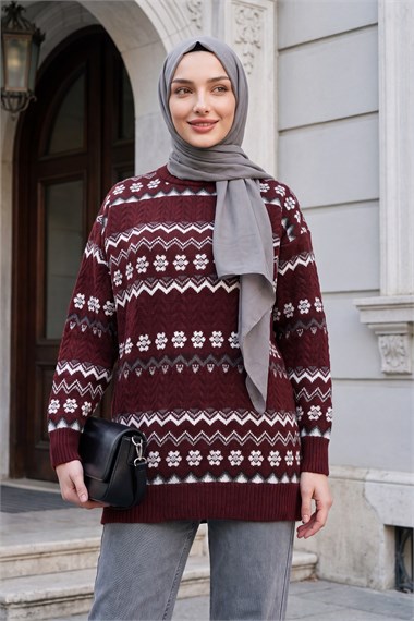 Yuvarlak Yaka Çiçekli Etnik Desenli Triko Kazak  -Bordo