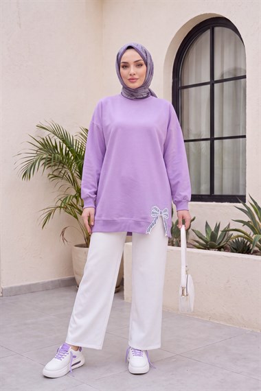 Womens Round-Neck Hem Bow Detail Relaxed Jersey Tunic - Lilac