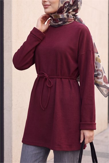 Yuvarlak Yaka Katlama Kol Beli Bağcıklı Fitilli Tunik -Mürdüm
