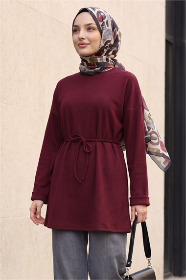Yuvarlak Yaka Katlama Kol Beli Bağcıklı Fitilli Tunik -Mürdüm