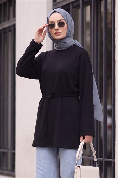 Yuvarlak Yaka Katlama Kol Beli Bağcıklı Fitilli Tunik -Siyah