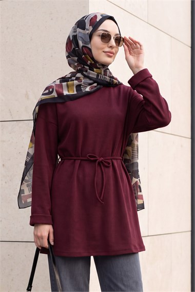 Yuvarlak Yaka Katlama Kol Beli Bağcıklı Fitilli Tunik -Mürdüm