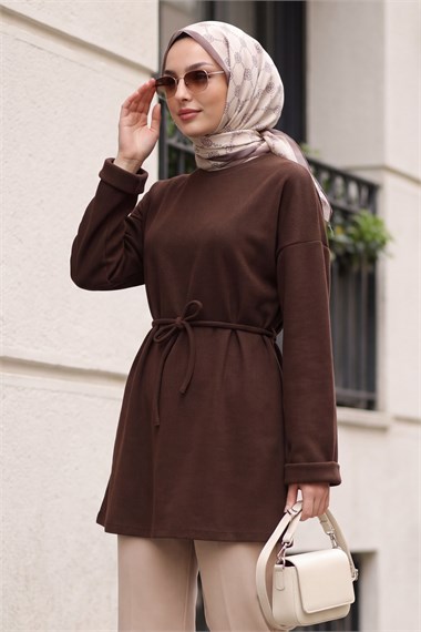 Yuvarlak Yaka Katlama Kol Beli Bağcıklı Fitilli Tunik -Kahverengi