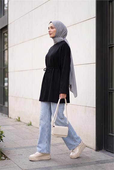 Yuvarlak Yaka Katlama Kol Beli Bağcıklı Fitilli Tunik -Siyah