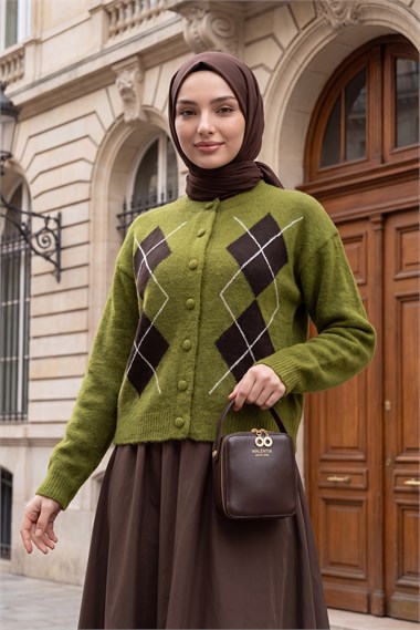 Womens Round-Neck Front Button-Front Diamond-Pattern Pattern Soft Knit Cardigan - Olive Green