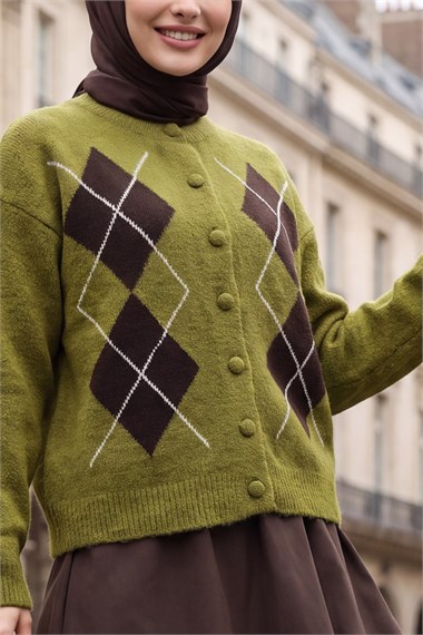 Womens Round-Neck Front Button-Front Diamond-Pattern Pattern Soft Knit Cardigan - Olive Green
