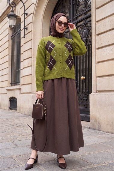 Womens Round-Neck Front Button-Front Diamond-Pattern Pattern Soft Knit Cardigan - Olive Green