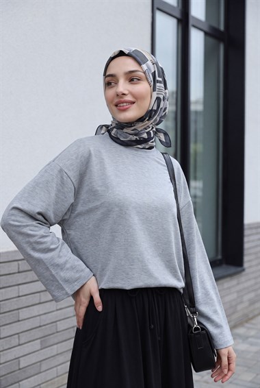 Yuvarlak Yaka Salaş Penye Tunik       -Gri