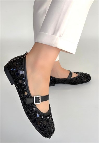 Zaty Süet Pullu Babet Ayakkabı -Siyah