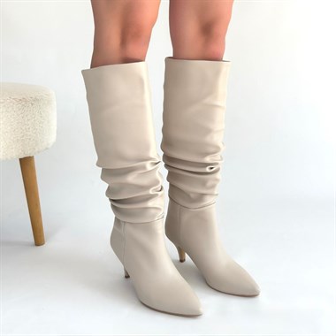 Zelya Cilt Topuklu Çizme -Bej