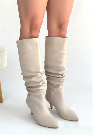 Zelya Cilt Topuklu Çizme -Bej