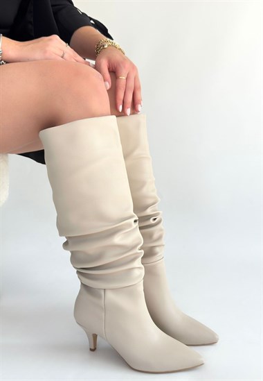 Zelya Cilt Topuklu Çizme -Bej