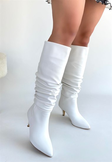 Zelya Cilt Topuklu Çizme -Beyaz