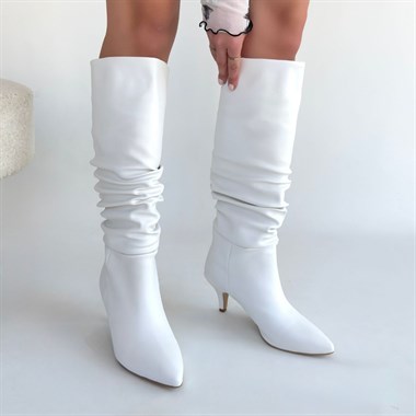 Zelya Cilt Topuklu Çizme -Beyaz