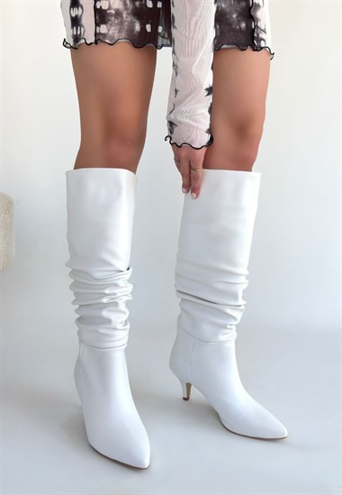Zelya Cilt Topuklu Çizme -Beyaz