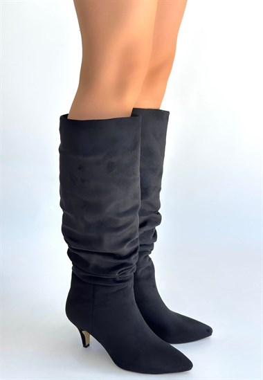 Zelya Süet Topuklu Çizme -Siyah