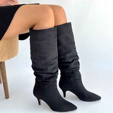 Zelya Süet Topuklu Çizme -Siyah