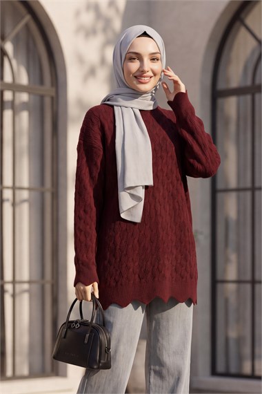 Zincir Desenli Bisiklet Yaka Salaş Triko Tunik -Bordo