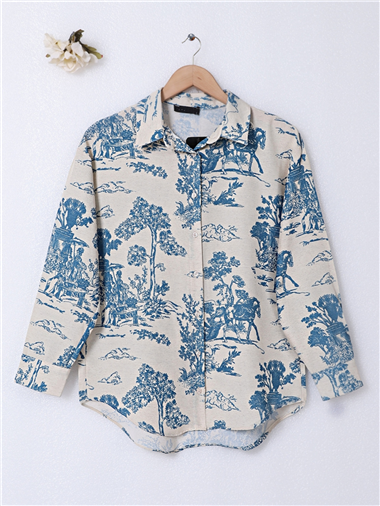 Ağaç Figürlü Keten Gömlek -Petrol