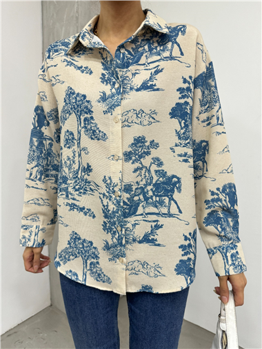 Ağaç Figürlü Keten Gömlek -Petrol