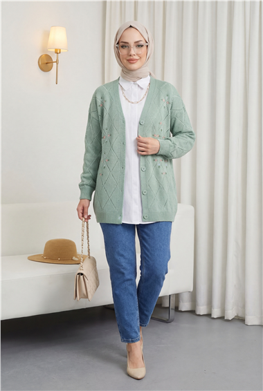 Ajurlu Çiçek Nakışlı Düğmeli Triko Hırka -Mint