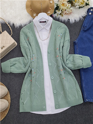 Ajurlu Çiçek Nakışlı Düğmeli Triko Hırka -Mint