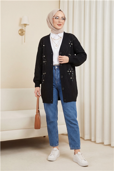 Ajurlu Çiçek Nakışlı Düğmeli Triko Hırka -Siyah