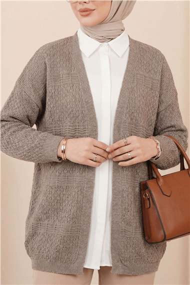 Ajurlu Dalga Desenli Triko Hırka   -Açık Kahve