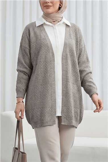 Ajurlu Dalga Desenli Triko Hırka   -Açık Kahve